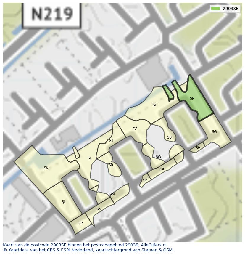 Afbeelding van het postcodegebied 2903 SE op de kaart.
