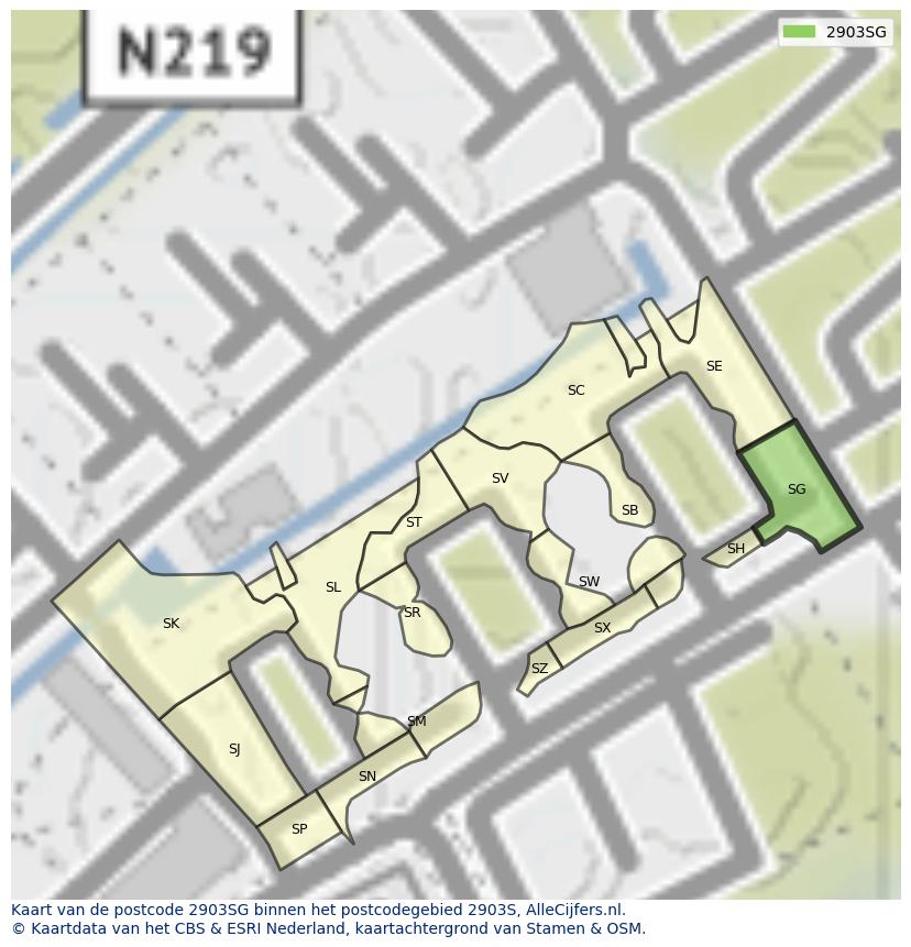 Afbeelding van het postcodegebied 2903 SG op de kaart.