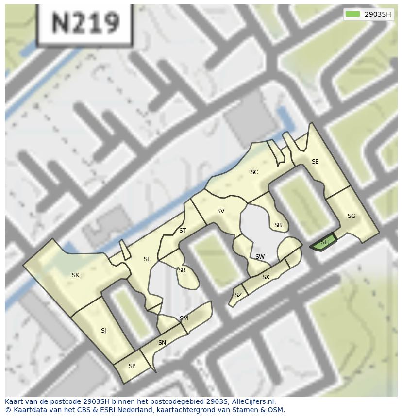 Afbeelding van het postcodegebied 2903 SH op de kaart.