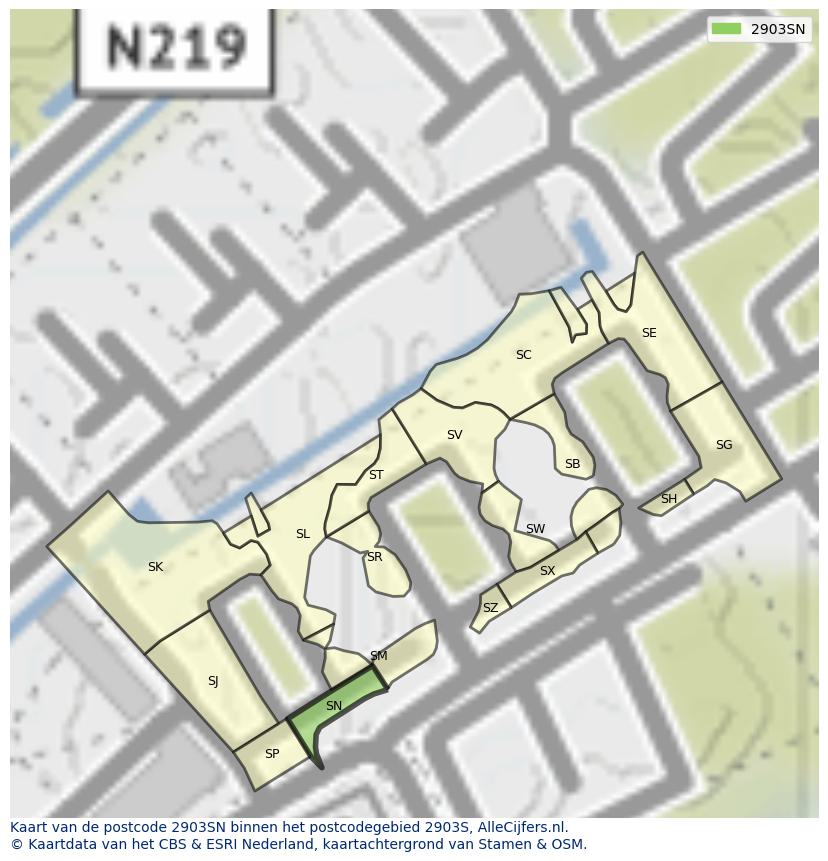 Afbeelding van het postcodegebied 2903 SN op de kaart.