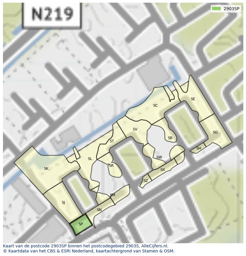 Afbeelding van het postcodegebied 2903 SP op de kaart.
