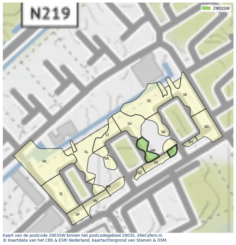 Afbeelding van het postcodegebied 2903 SW op de kaart.