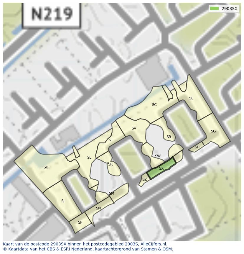 Afbeelding van het postcodegebied 2903 SX op de kaart.