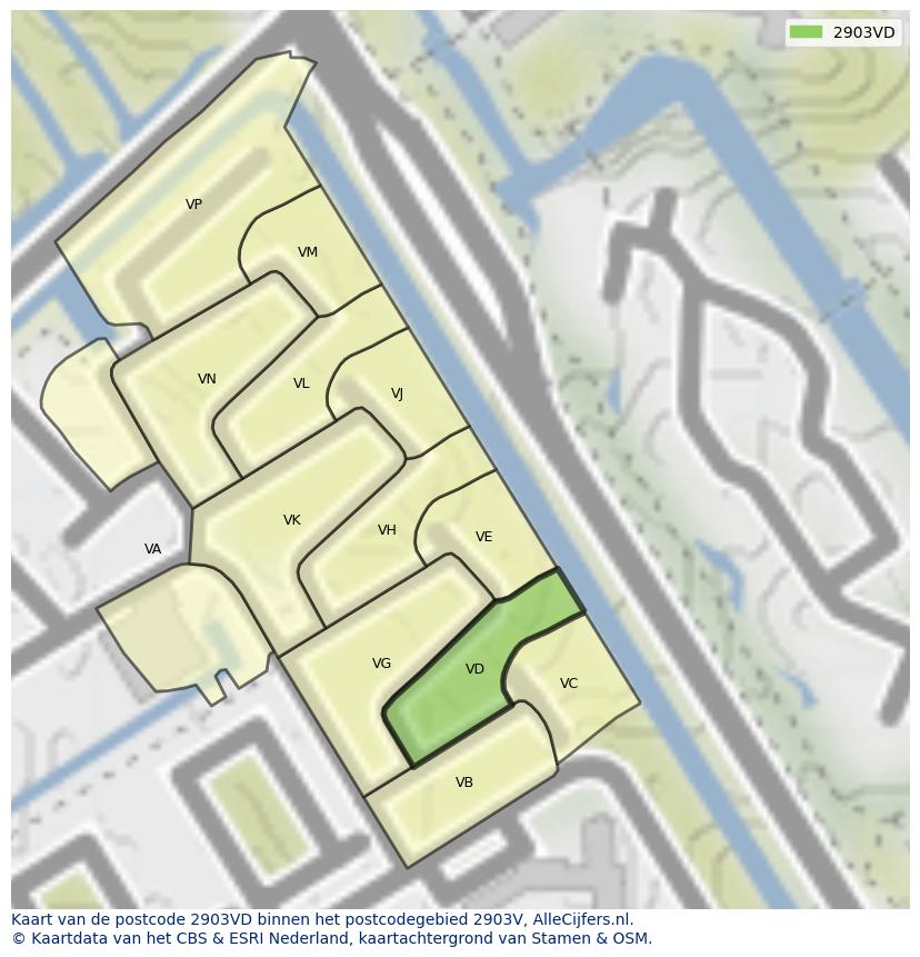 Afbeelding van het postcodegebied 2903 VD op de kaart.