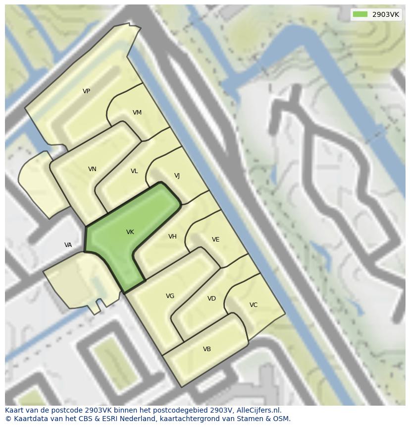 Afbeelding van het postcodegebied 2903 VK op de kaart.