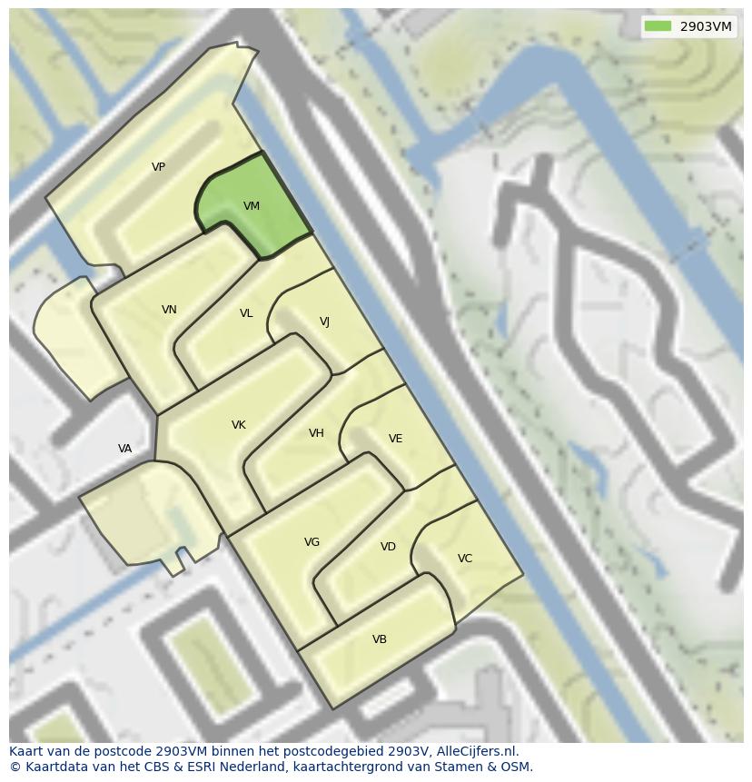 Afbeelding van het postcodegebied 2903 VM op de kaart.