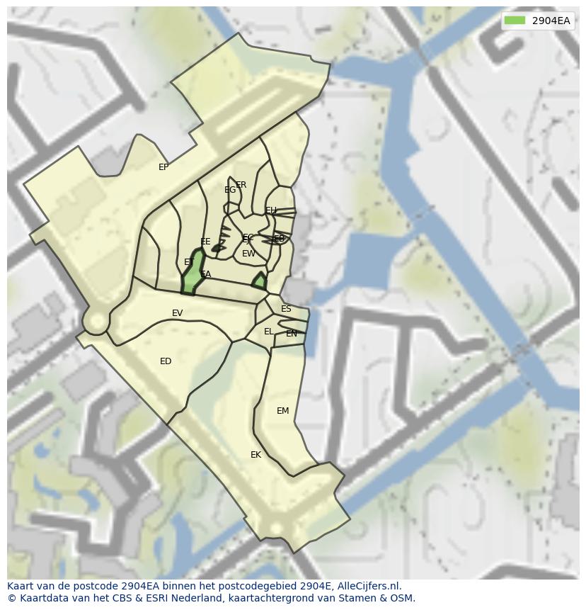 Afbeelding van het postcodegebied 2904 EA op de kaart.