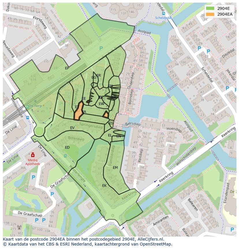 Afbeelding van het postcodegebied 2904 EA op de kaart.