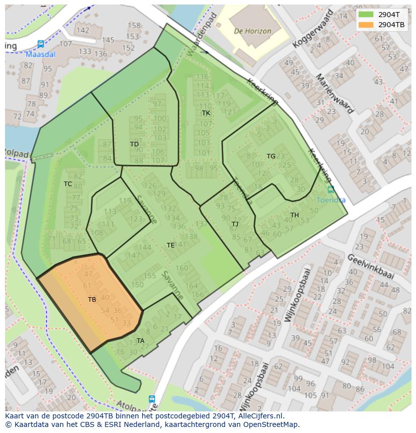 Afbeelding van het postcodegebied 2904 TB op de kaart.