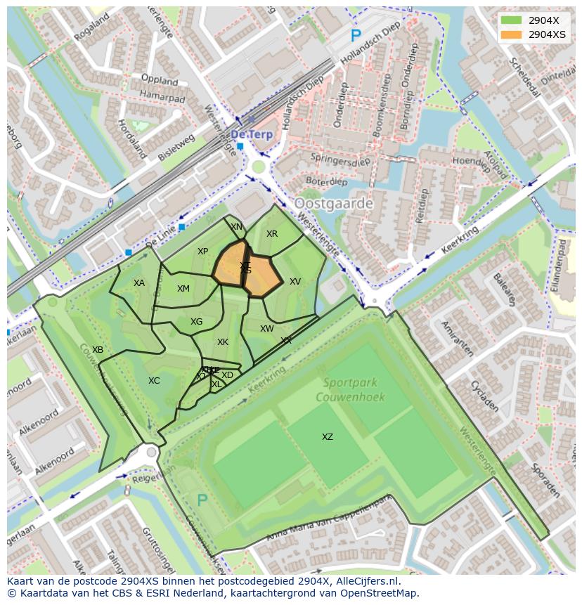 Afbeelding van het postcodegebied 2904 XS op de kaart.