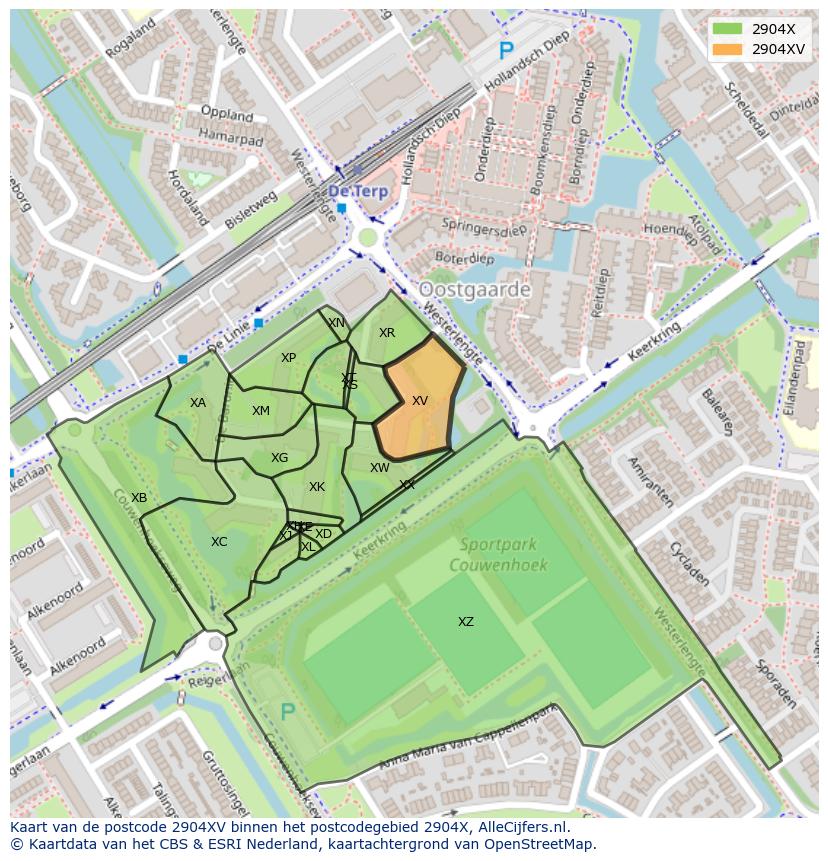 Afbeelding van het postcodegebied 2904 XV op de kaart.