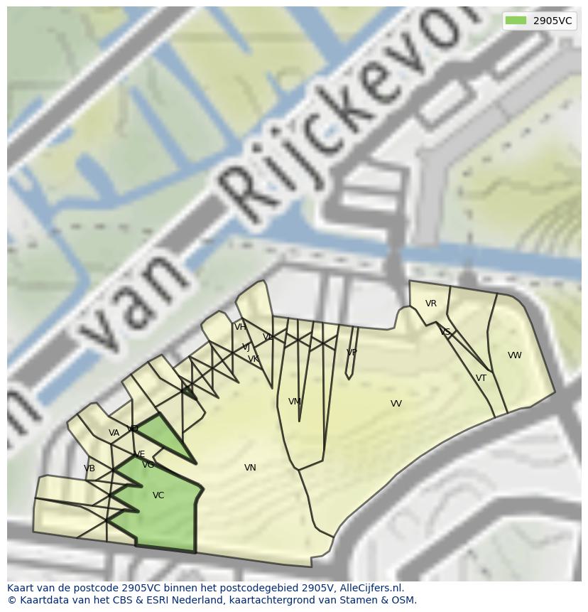 Afbeelding van het postcodegebied 2905 VC op de kaart.