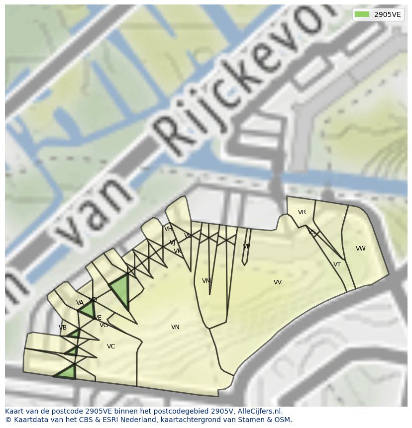 Afbeelding van het postcodegebied 2905 VE op de kaart.