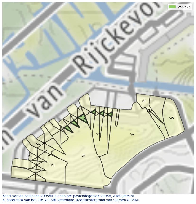 Afbeelding van het postcodegebied 2905 VK op de kaart.