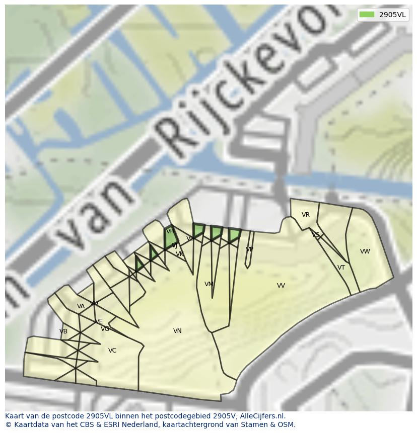 Afbeelding van het postcodegebied 2905 VL op de kaart.