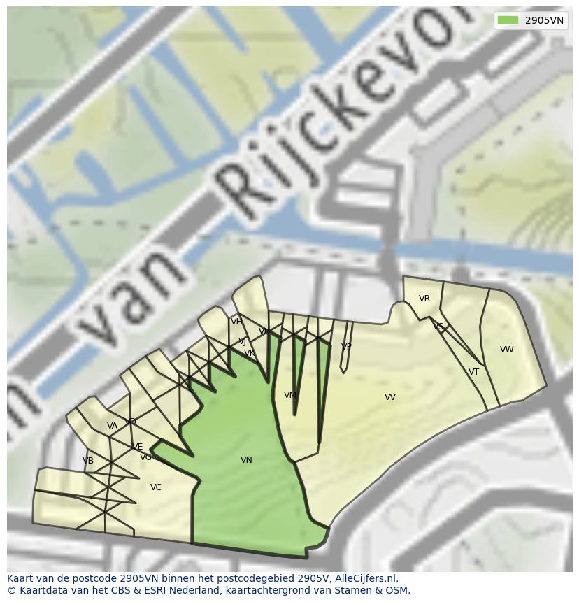 Afbeelding van het postcodegebied 2905 VN op de kaart.