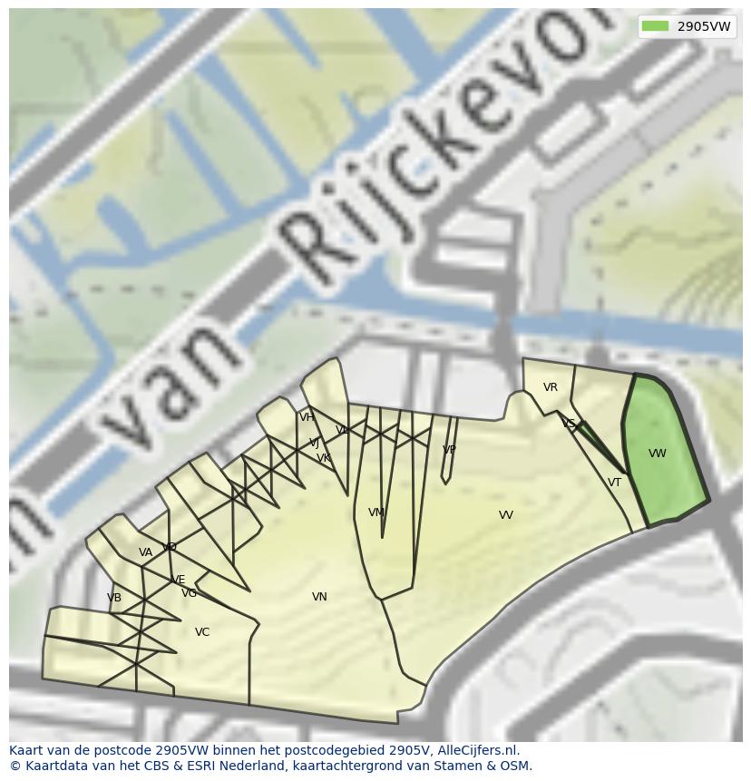 Afbeelding van het postcodegebied 2905 VW op de kaart.