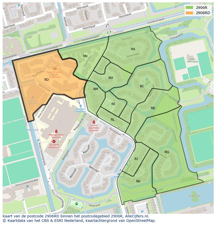 Afbeelding van het postcodegebied 2906 RD op de kaart.