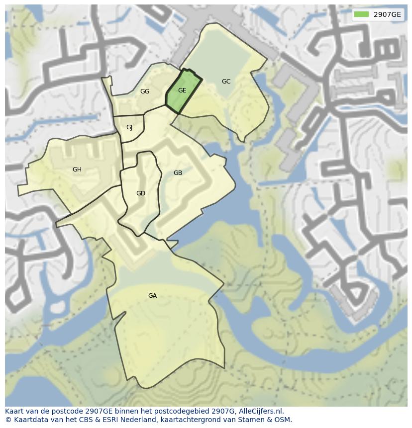 Afbeelding van het postcodegebied 2907 GE op de kaart.