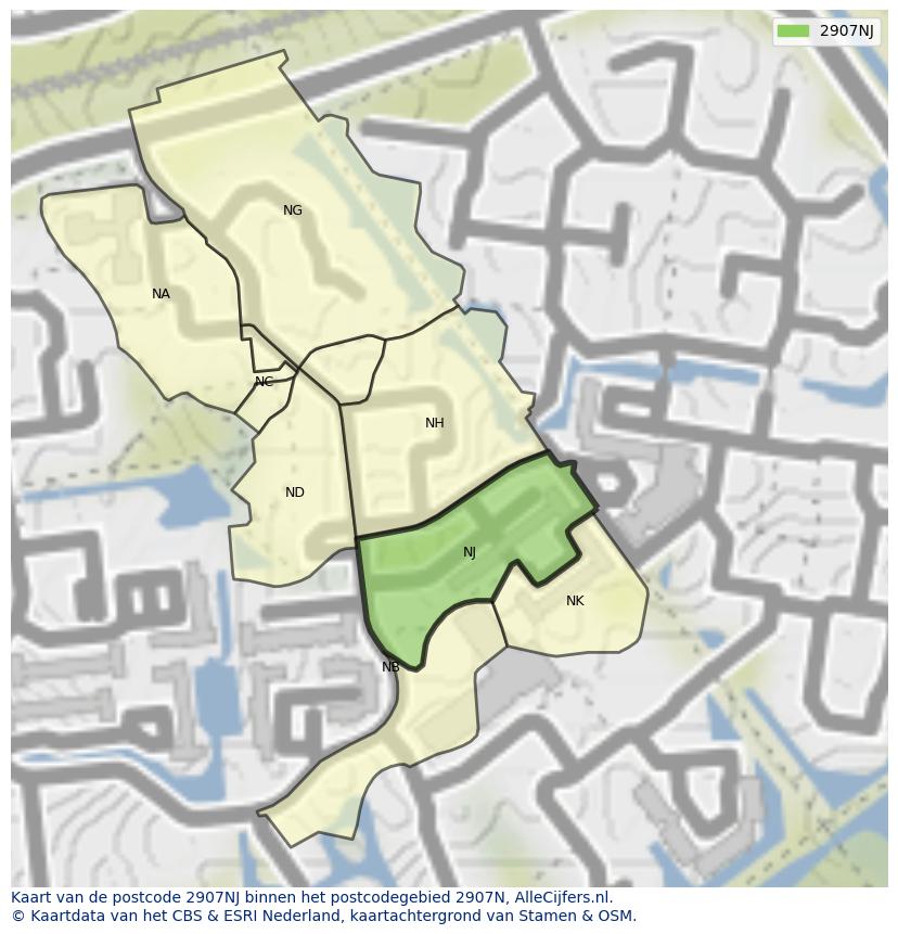 Afbeelding van het postcodegebied 2907 NJ op de kaart.