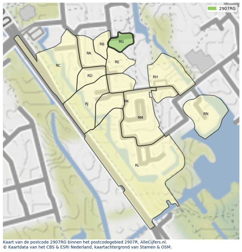 Afbeelding van het postcodegebied 2907 RG op de kaart.