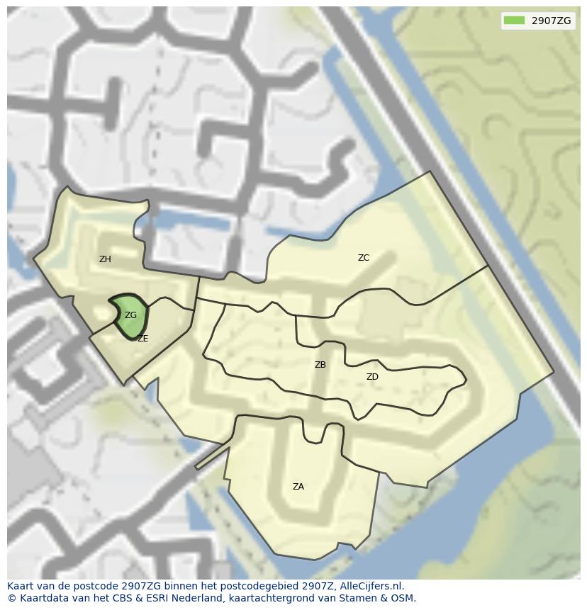 Afbeelding van het postcodegebied 2907 ZG op de kaart.
