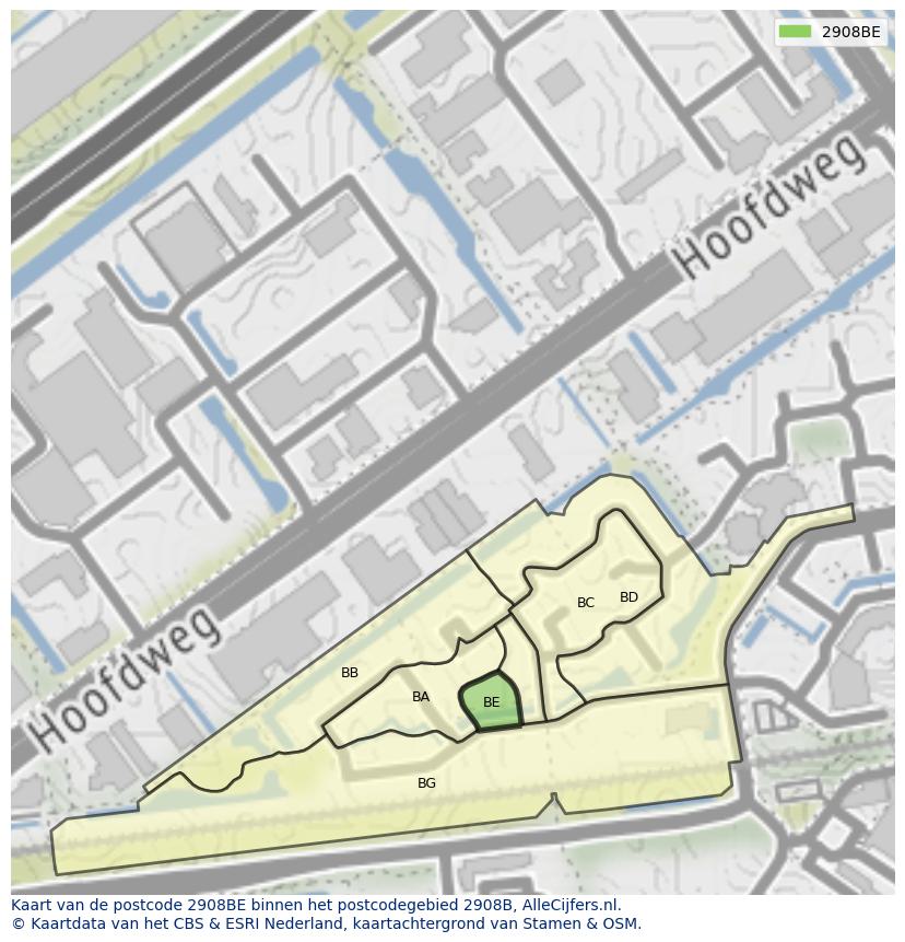 Afbeelding van het postcodegebied 2908 BE op de kaart.