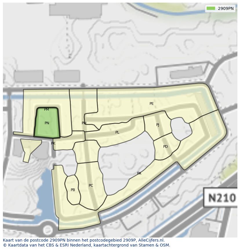 Afbeelding van het postcodegebied 2909 PN op de kaart.