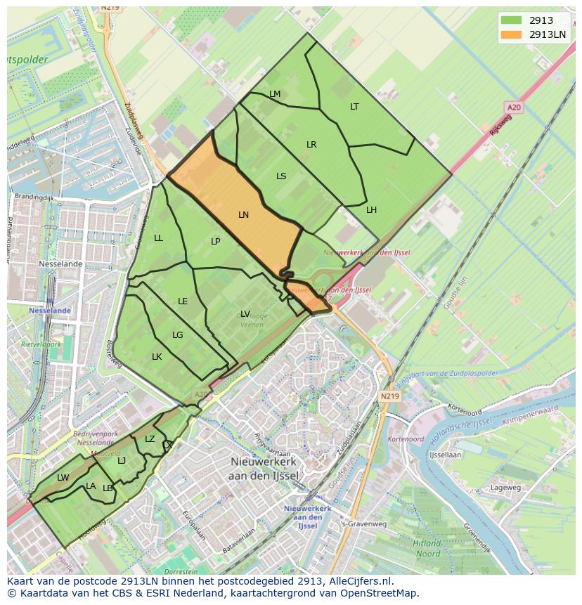 Afbeelding van het postcodegebied 2913 LN op de kaart.