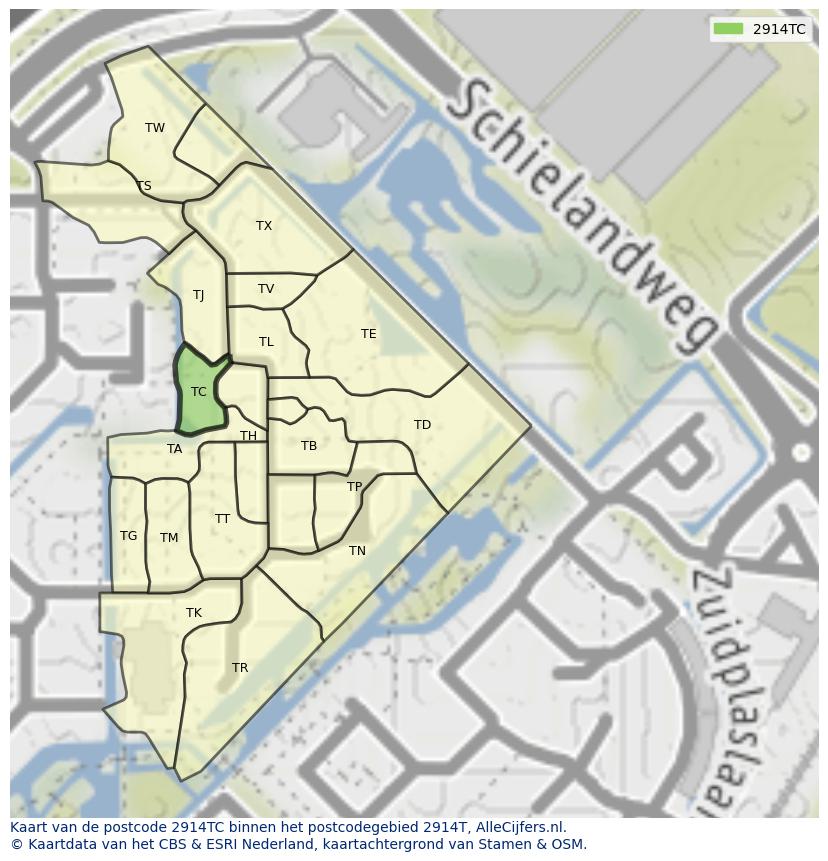 Afbeelding van het postcodegebied 2914 TC op de kaart.