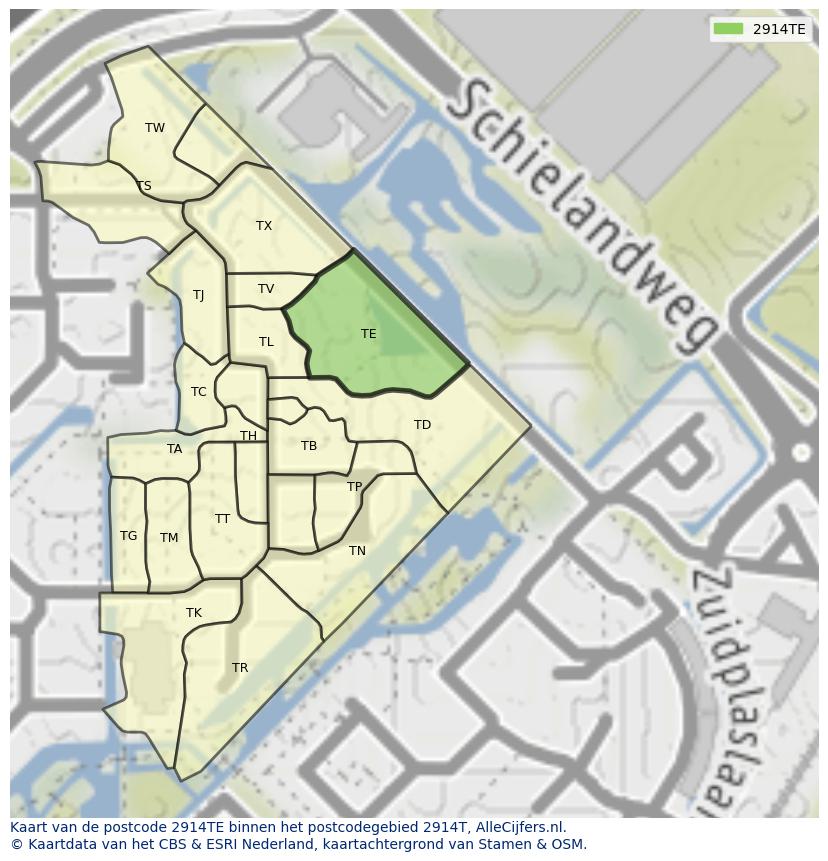 Afbeelding van het postcodegebied 2914 TE op de kaart.
