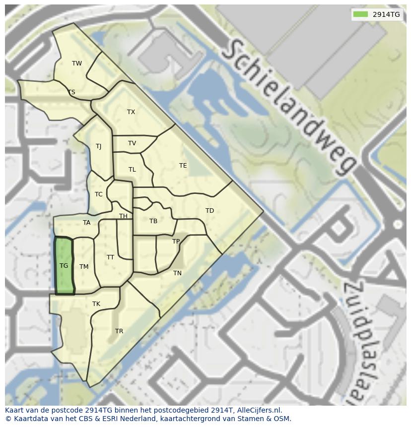 Afbeelding van het postcodegebied 2914 TG op de kaart.