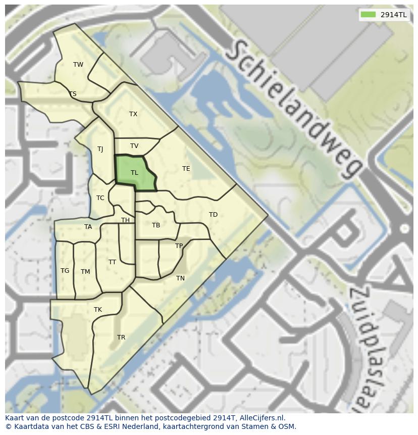 Afbeelding van het postcodegebied 2914 TL op de kaart.