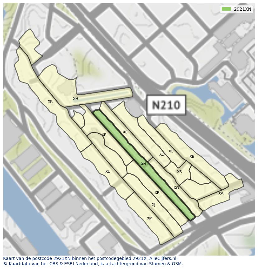 Afbeelding van het postcodegebied 2921 XN op de kaart.