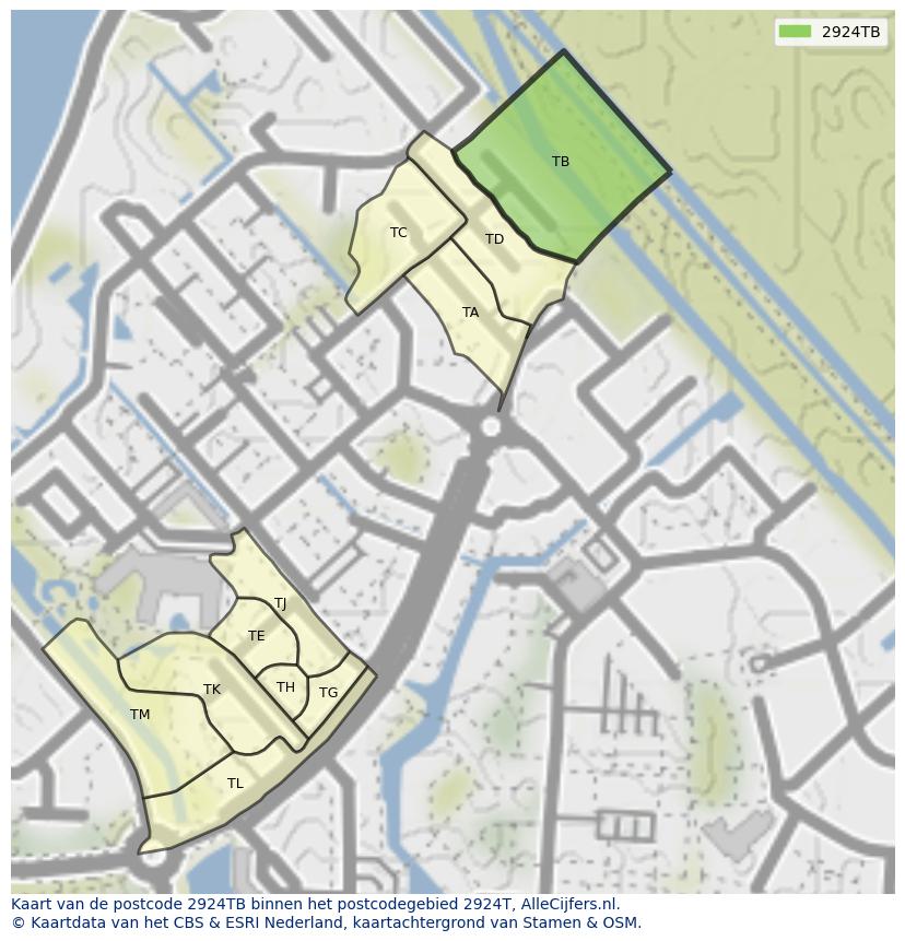 Afbeelding van het postcodegebied 2924 TB op de kaart.