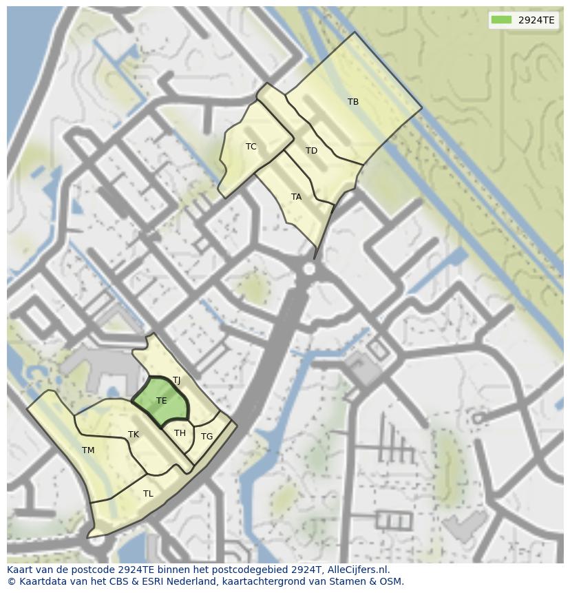 Afbeelding van het postcodegebied 2924 TE op de kaart.