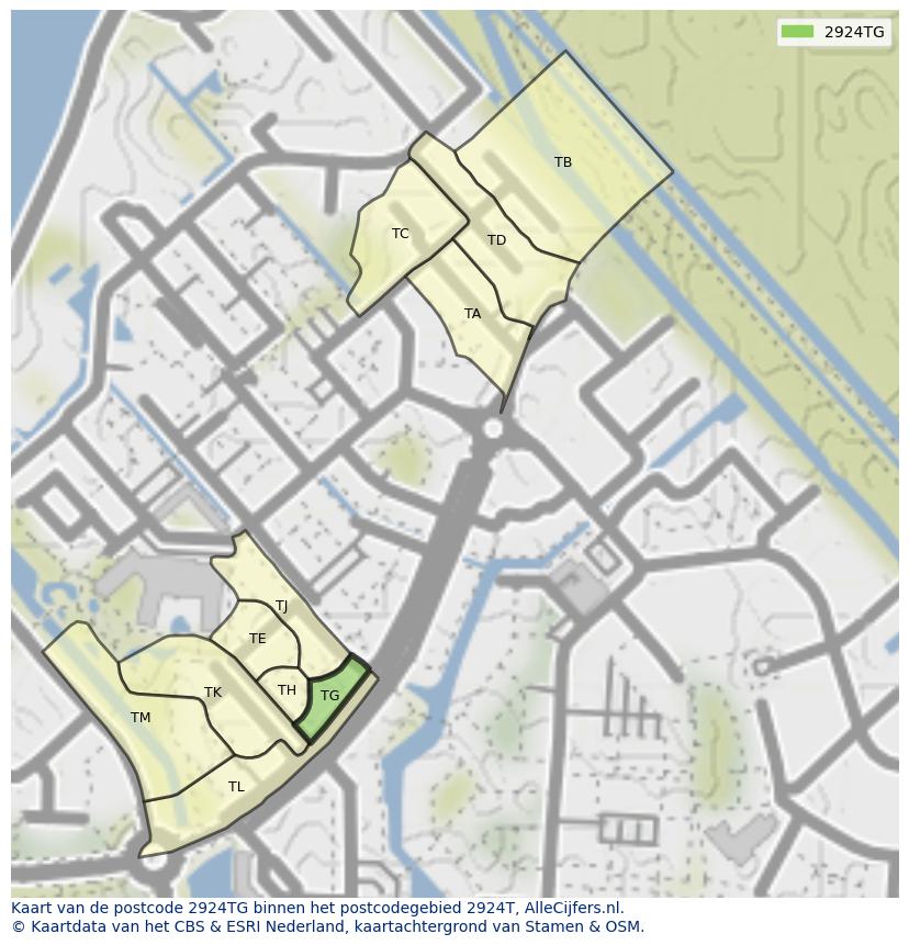 Afbeelding van het postcodegebied 2924 TG op de kaart.