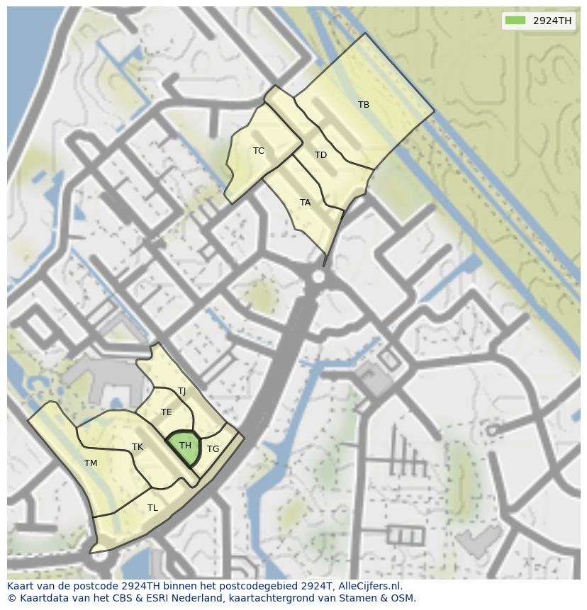 Afbeelding van het postcodegebied 2924 TH op de kaart.