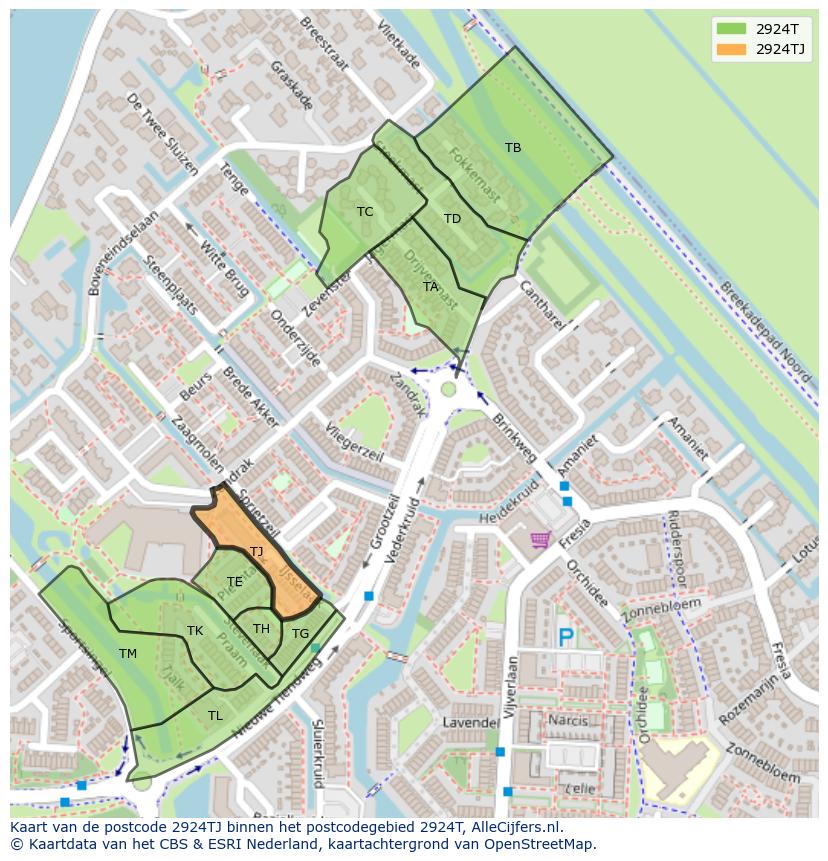 Afbeelding van het postcodegebied 2924 TJ op de kaart.