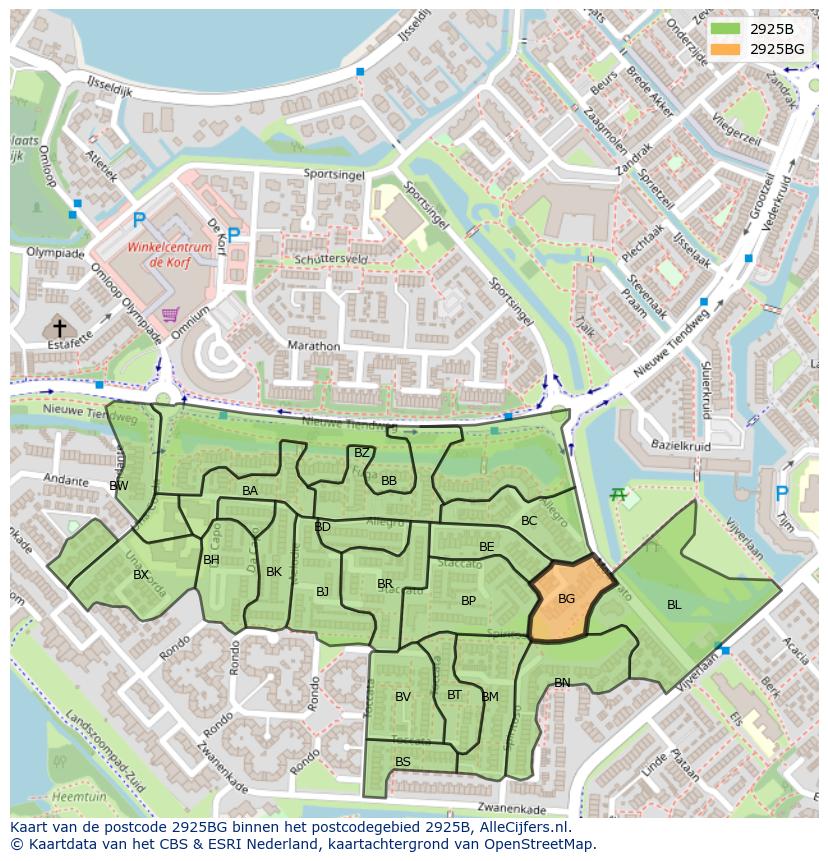 Afbeelding van het postcodegebied 2925 BG op de kaart.