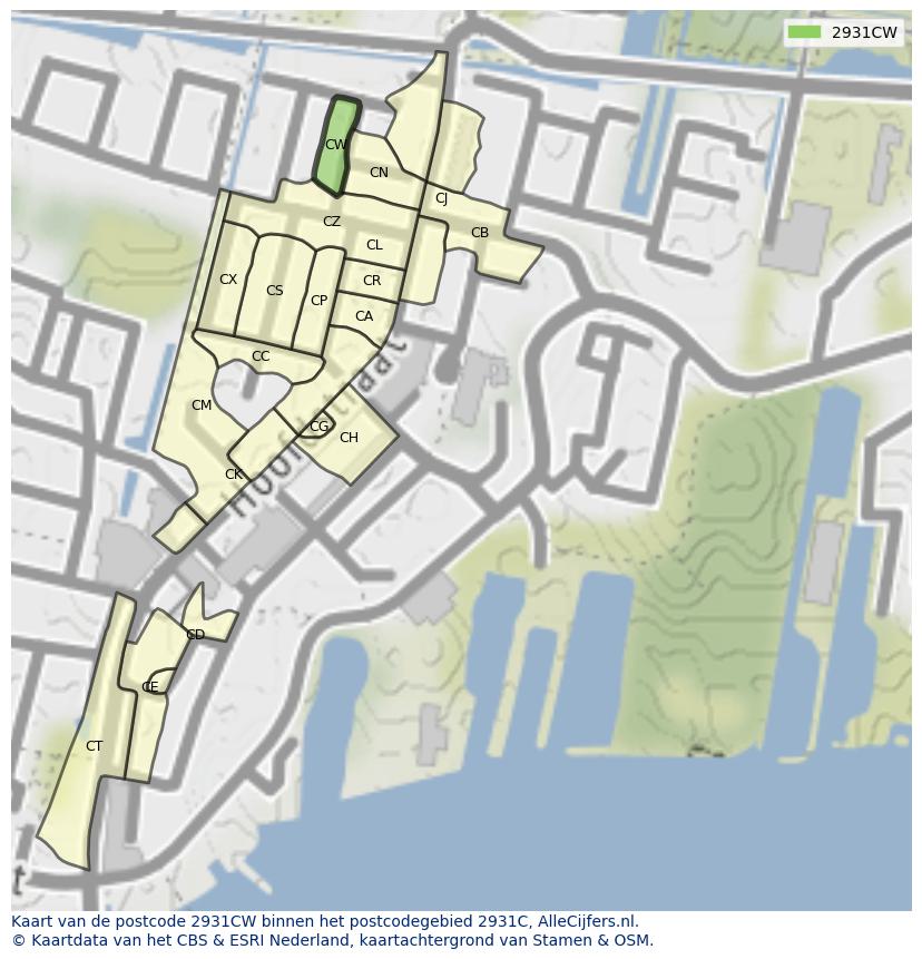 Afbeelding van het postcodegebied 2931 CW op de kaart.