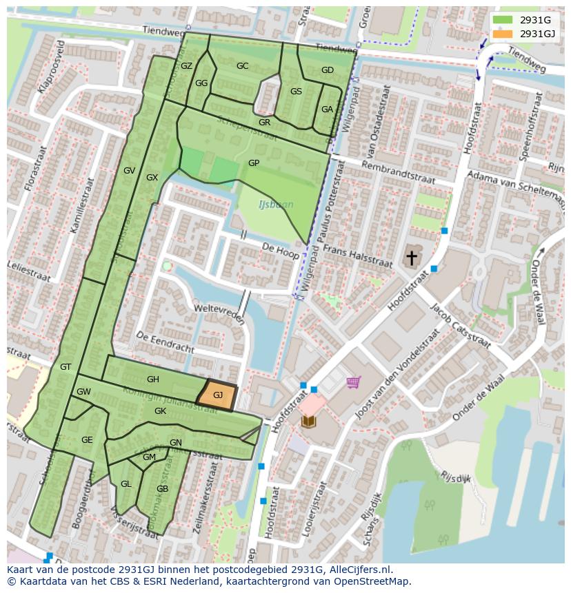 Afbeelding van het postcodegebied 2931 GJ op de kaart.
