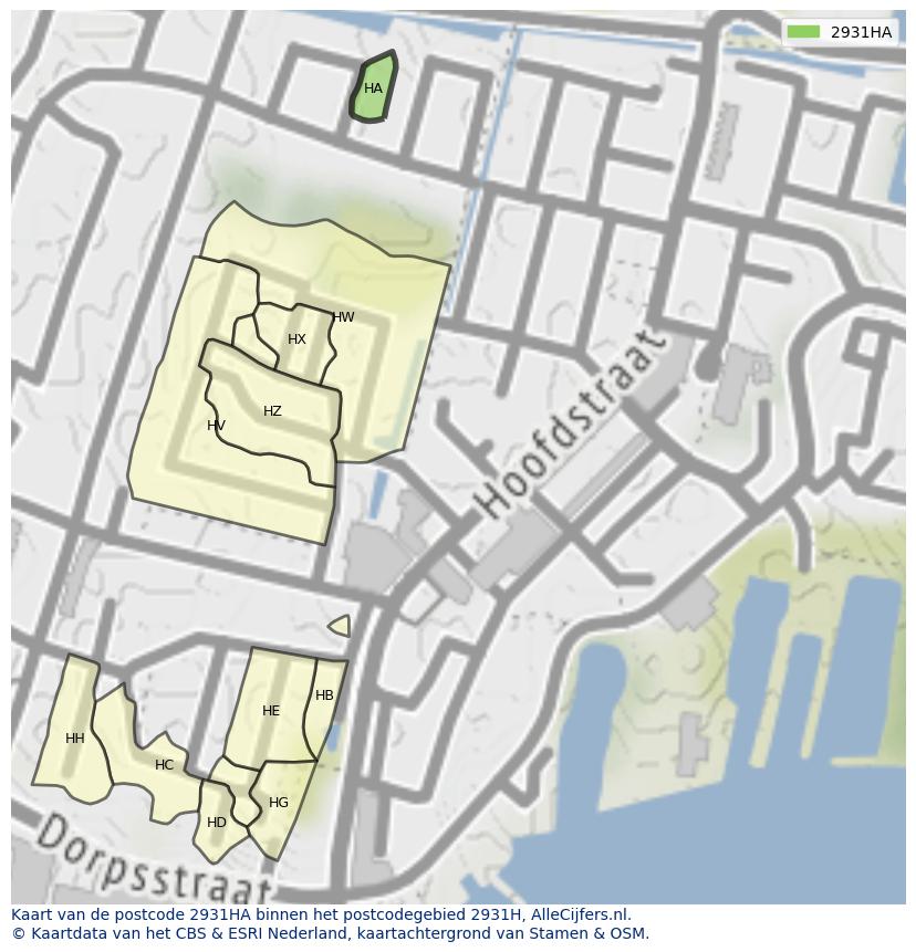 Afbeelding van het postcodegebied 2931 HA op de kaart.