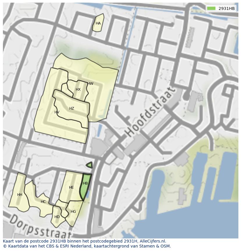 Afbeelding van het postcodegebied 2931 HB op de kaart.