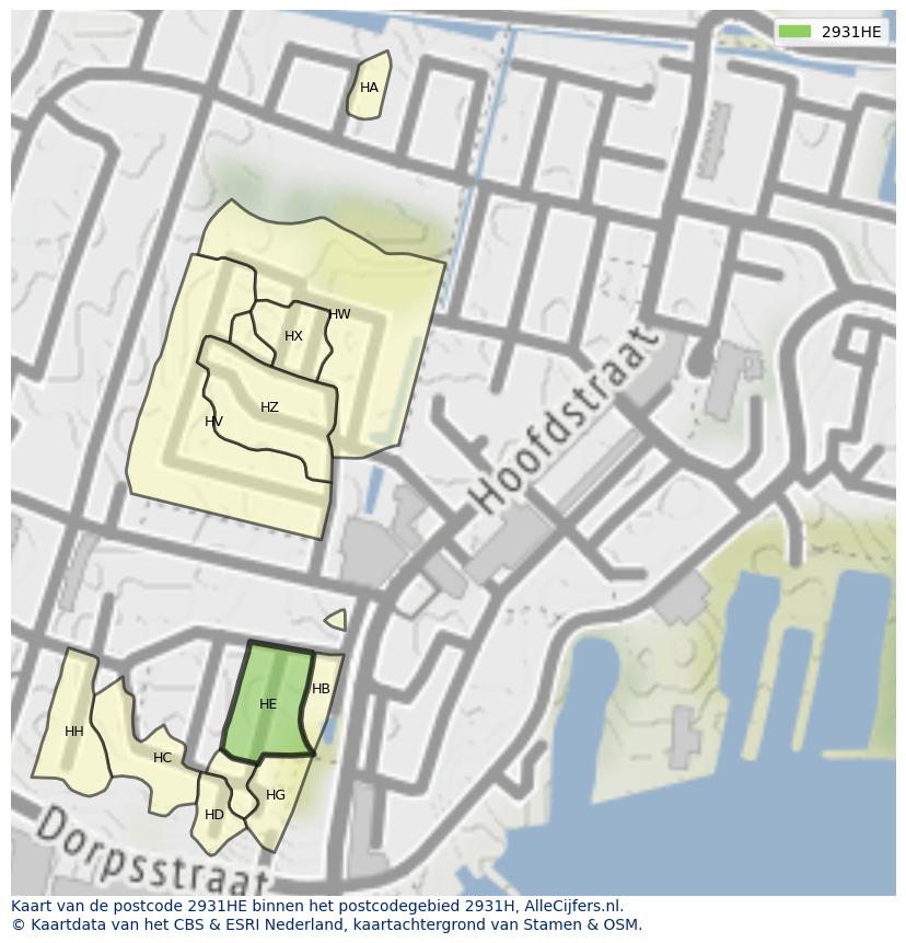 Afbeelding van het postcodegebied 2931 HE op de kaart.