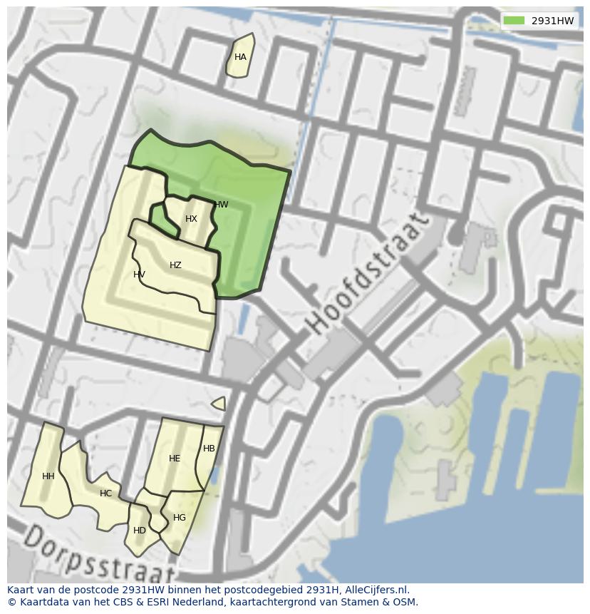Afbeelding van het postcodegebied 2931 HW op de kaart.