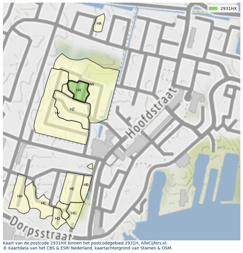 Afbeelding van het postcodegebied 2931 HX op de kaart.