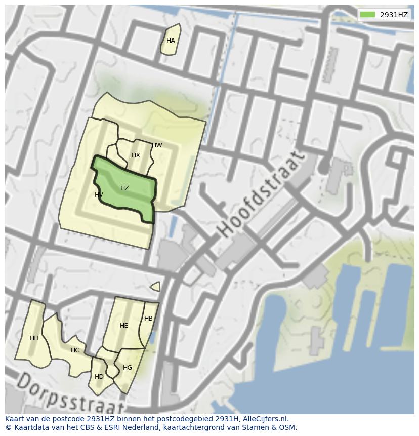 Afbeelding van het postcodegebied 2931 HZ op de kaart.