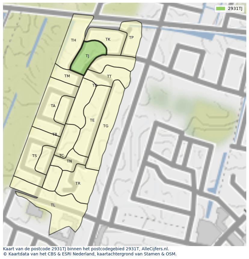 Afbeelding van het postcodegebied 2931 TJ op de kaart.