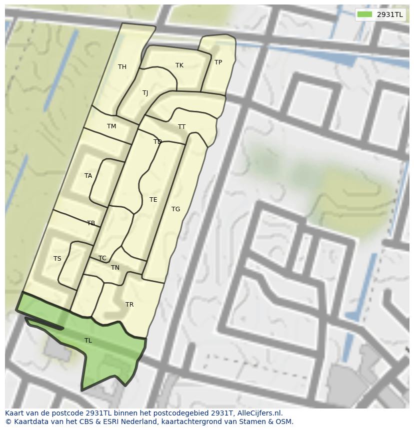 Afbeelding van het postcodegebied 2931 TL op de kaart.